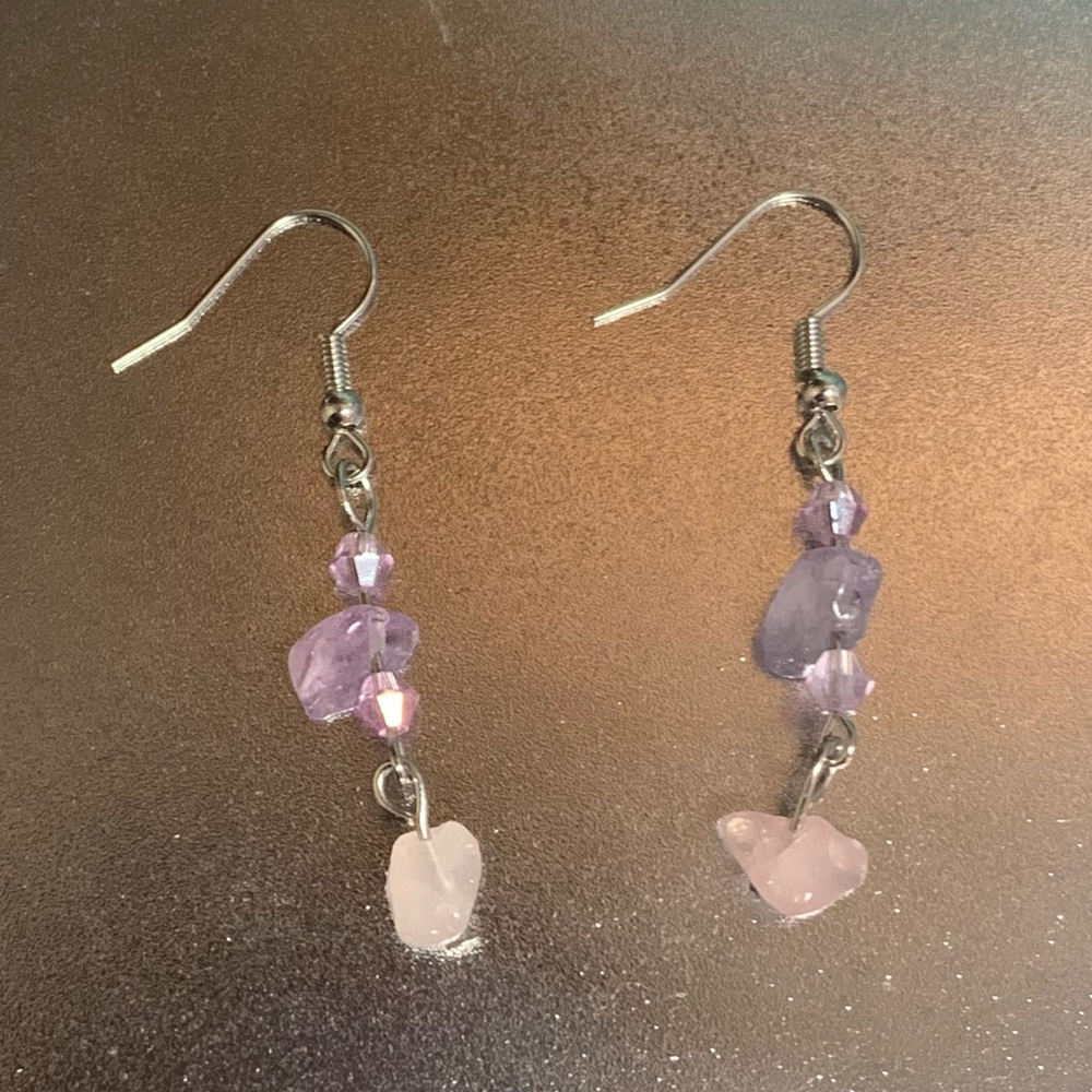 Dangling pink and purple crystal chip earrings with sparkling bicone beads